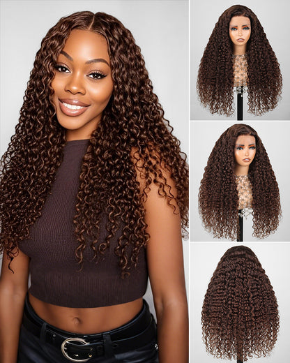 Arabella 13x4 Frontal Lace &amp; 6x5 Invisible Knots Glueless Chocolate Brown Water Wave Wig Invisible Knots Realistic Hairline
