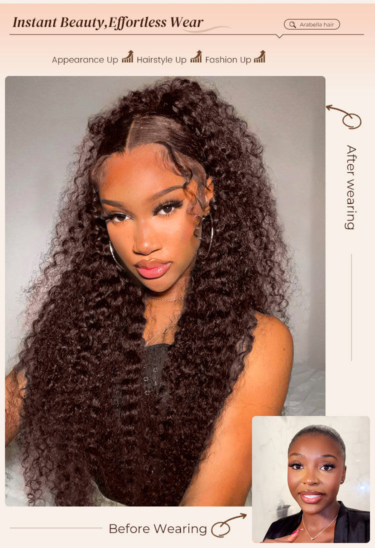 Before and After Woman Wearing Chestnut Curls Human Wig