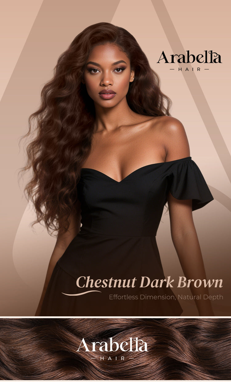 Poster Shows Chestnut Dark Brown Wig on Model