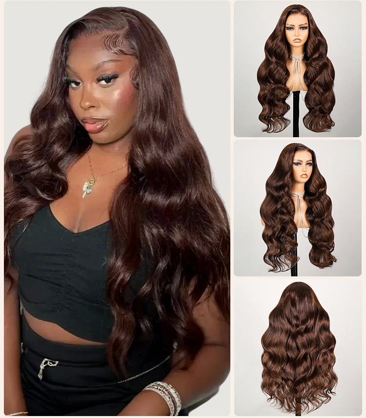 Collage of Dark Brown Wig on Model and Mannequin