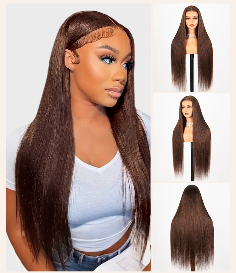 Collage of Striaght Brown Wig on Medel and Mannequin