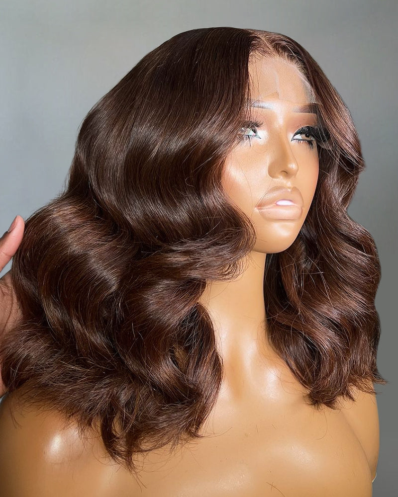 Limited Design Dark Brown Colored Blowout In Wavy Style Glueless 6x5 Pre-Cut Lace Easy-Wear Wig Human Hair Wigs