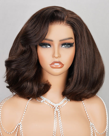 Dark Brown Colored Spring Curly Layered Short Bob 6x5 Pre-Cut Lace Human Hair Wig