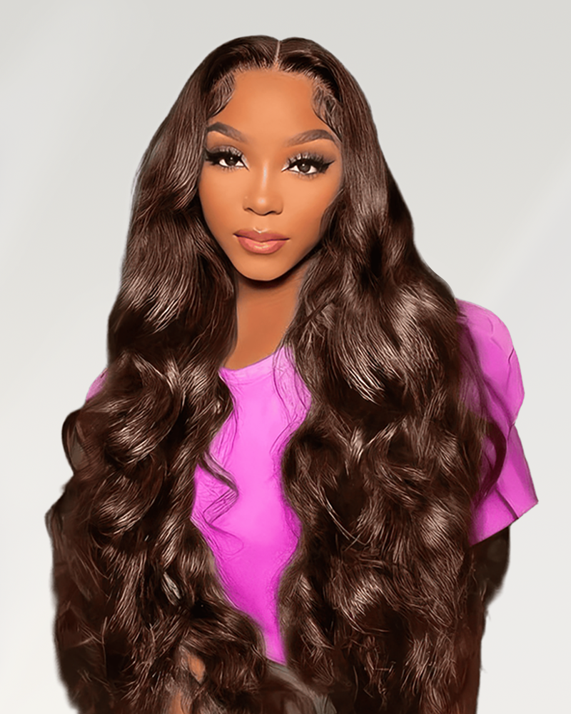 Arabella 13x4 Frontal Lace &amp; 6x5 Invisible Knots Glueless Chocolate Brown Body Wave/Silky Straight Wig Invisible Knots Realistic Hairline