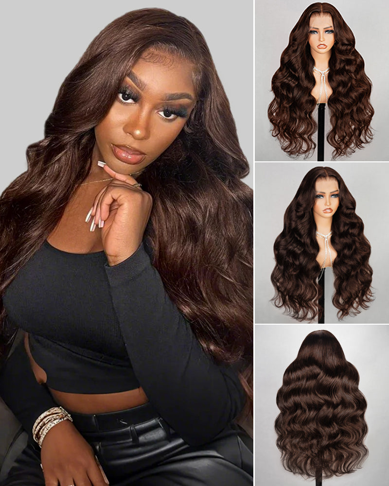 Arabella 13x4 Frontal Lace &amp; 6x5 Invisible Knots Glueless Chocolate Brown Body Wave/Silky Straight Wig Invisible Knots Realistic Hairline