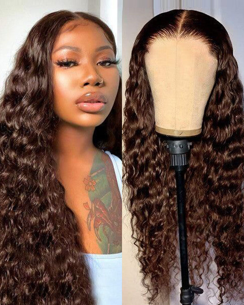 Arabella 13x4 Frontal Lace &amp; 6x5 Invisible Knots Glueless Chocolate Brown Water Wave Wig Invisible Knots Realistic Hairline