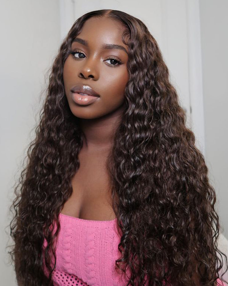 Arabella 13x4 Frontal Lace &amp; 6x5 Invisible Knots Glueless Chocolate Brown Water Wave Wig Invisible Knots Realistic Hairline