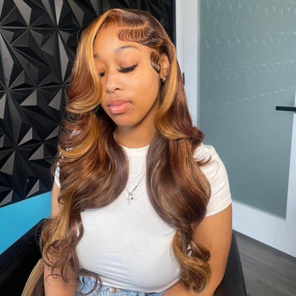 Arabella 13x4 Frontal Lace Brown Highlight Loose Body Wave Wig Invisible Knots Realistic Hairline