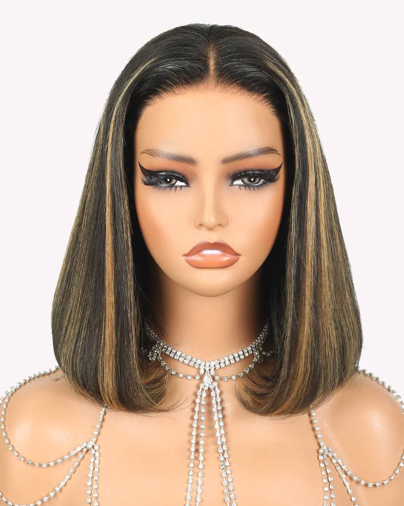 Arabella $89 Final Deal Price 13x4/6x5 Lace Auburn Highlights On Black/Balayage Highights/Blonde Straight Bob Wig 14" 6x5 Lace Balayage Highights