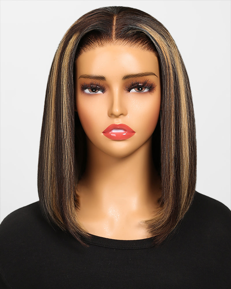 Arabella $89 Final Deal Price 13x4/6x5 Lace Auburn Highlights On Black/Balayage Highights/Blonde Straight Bob Wig 12"(High-Density) 6x5 Lace Balayage Highights