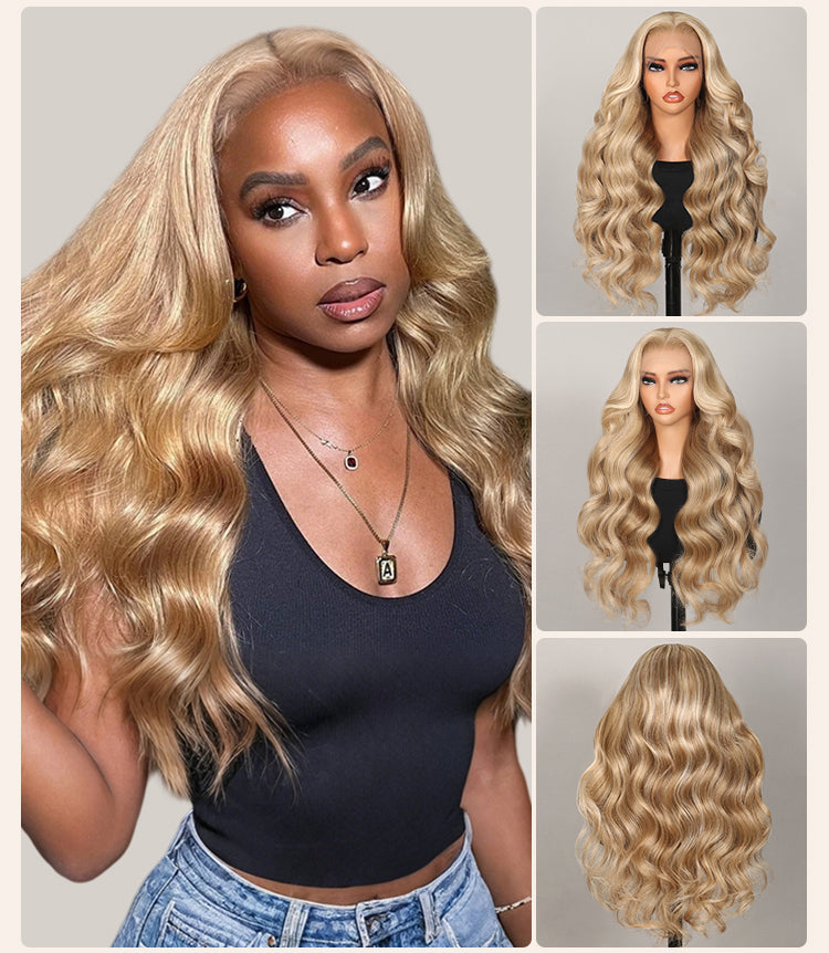 Collage of Blonde Wavy Wig on Model and Mannequin