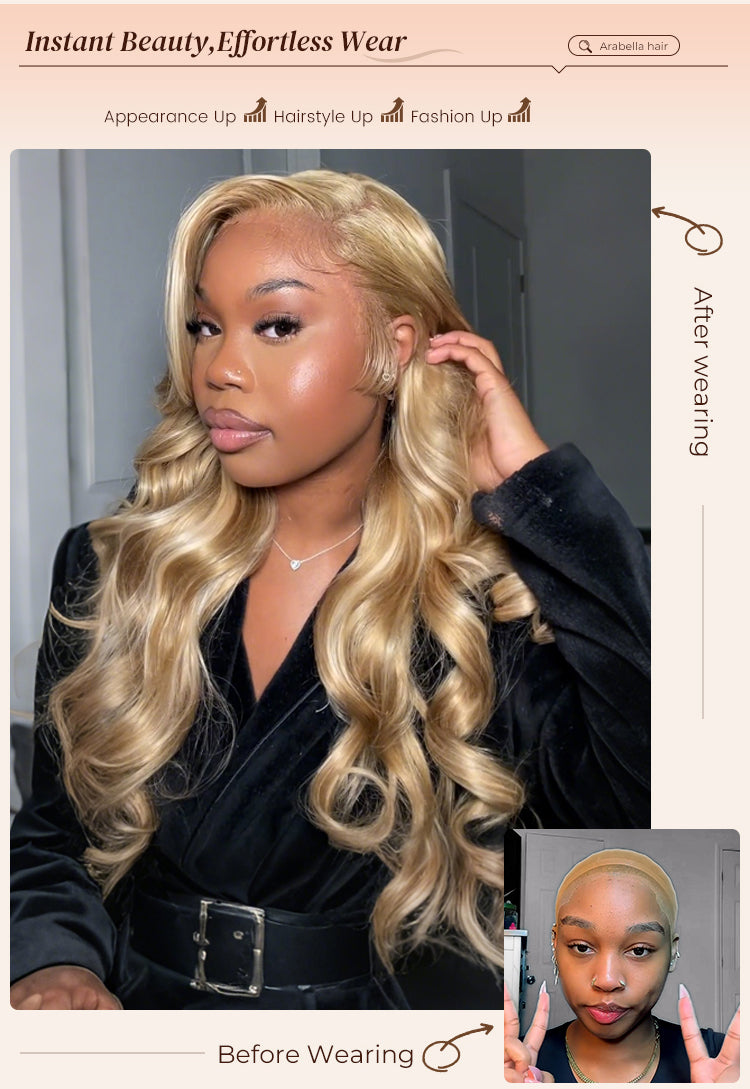 Before and After Wearing Blonde Wavy Wig on Woman