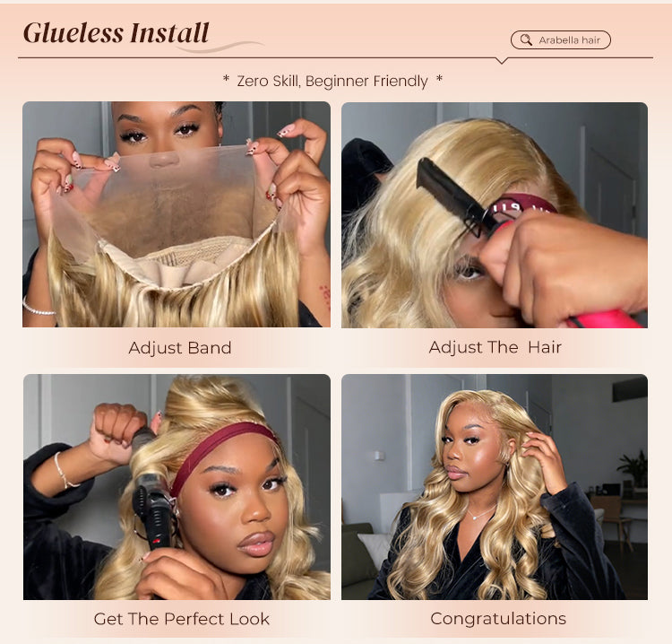 Collage of Blonde Wavy Wig Installation