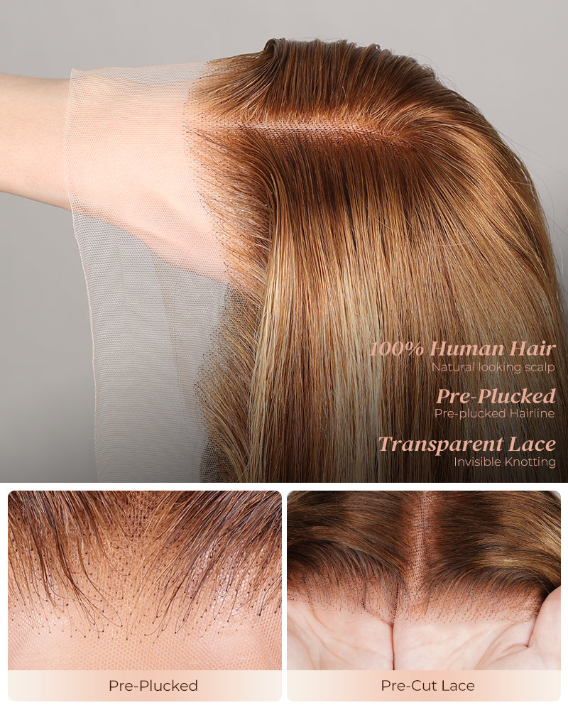 Arabella 13x4/6x5 Lace Honey Blonde Highlights On Brown Wig Body Wave Wig Invisible Knots Realistic Hairline