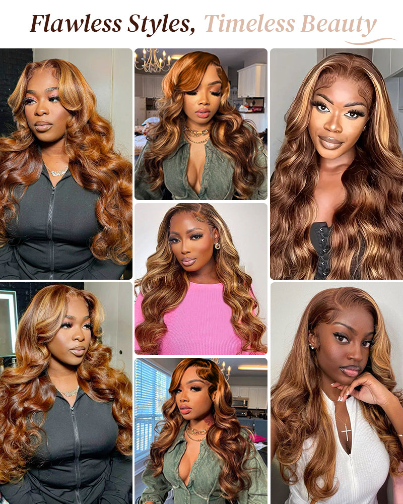 Arabella 13x4/6x5 Lace Honey Blonde Highlights On Brown Wig Body Wave Wig Invisible Knots Realistic Hairline