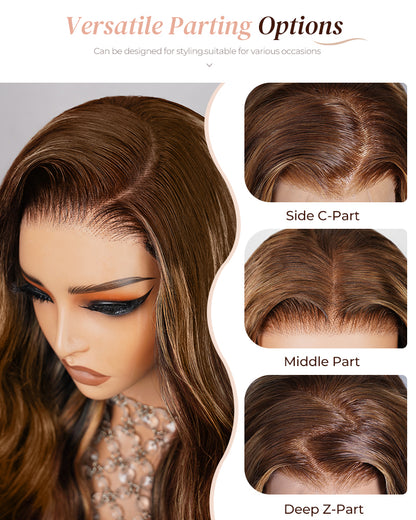 Arabella 13x4/6x5 Lace Honey Blonde Highlights On Brown Wig Body Wave Wig Invisible Knots Realistic Hairline