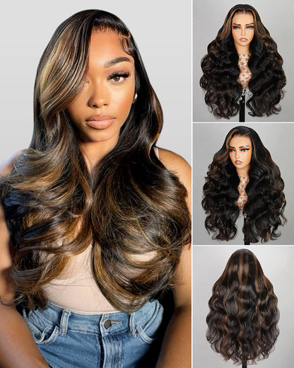 Arabella 13x4/6x5 Lace Glueless Auburn Highlights on Black Hair Body Wave Wig Invisible Knots Realistic Hairline