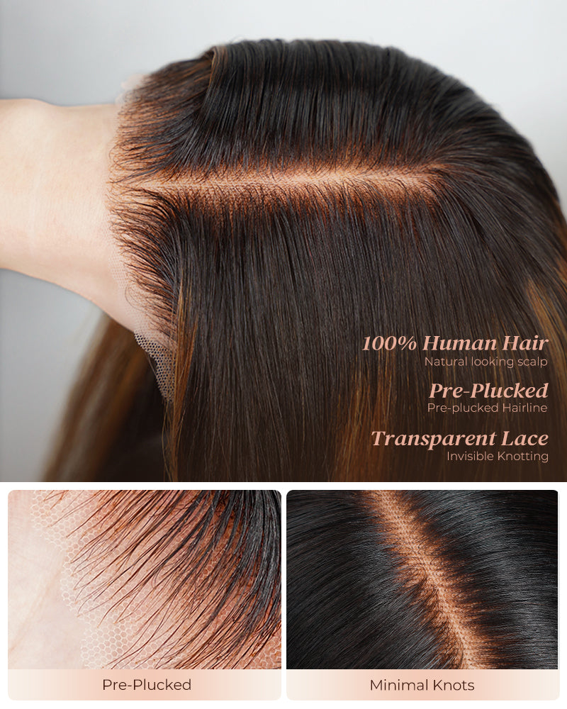 Arabella 13x4/6x5 Lace Glueless Auburn Highlights on Black Hair Body Wave Wig Invisible Knots Realistic Hairline