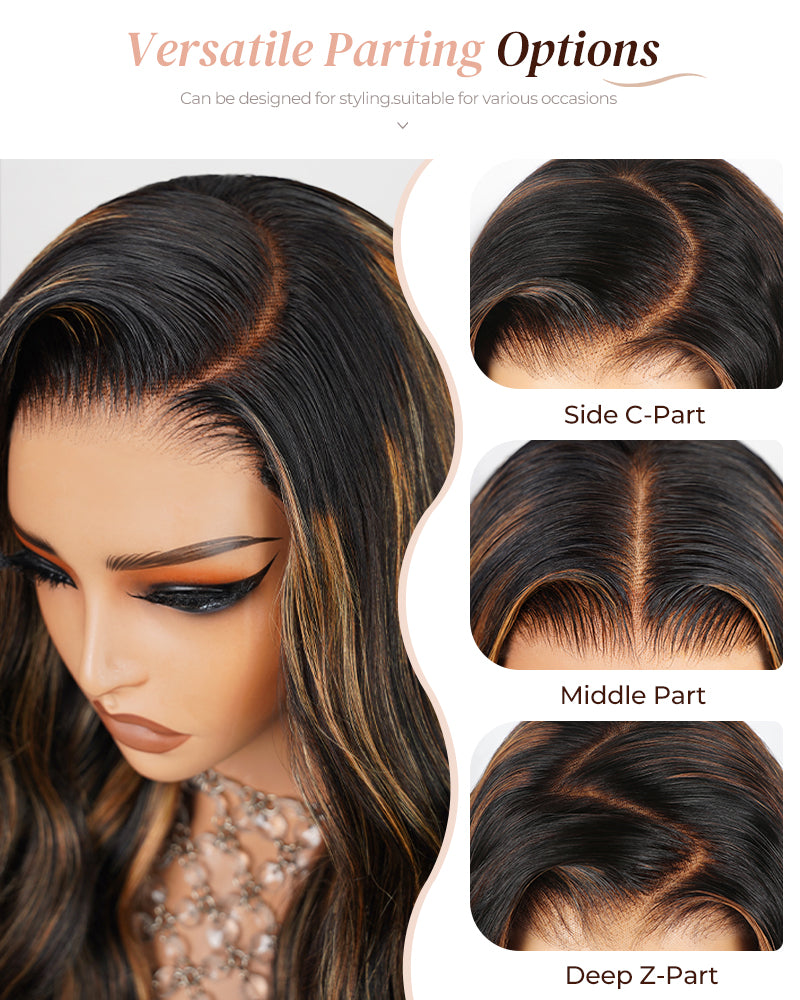 Arabella 13x4/6x5 Lace Glueless Auburn Highlights on Black Hair Body Wave Wig Invisible Knots Realistic Hairline