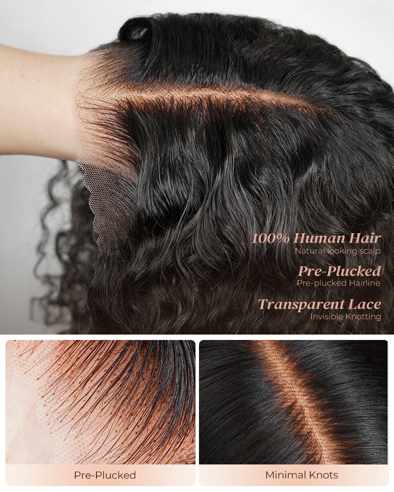 Arabella 6x5 Invisible Knots Glueless &amp; 13x4 Frontal Lace Deep Wave Wig Pre-cut Lace Natural Black Beginner Friendly