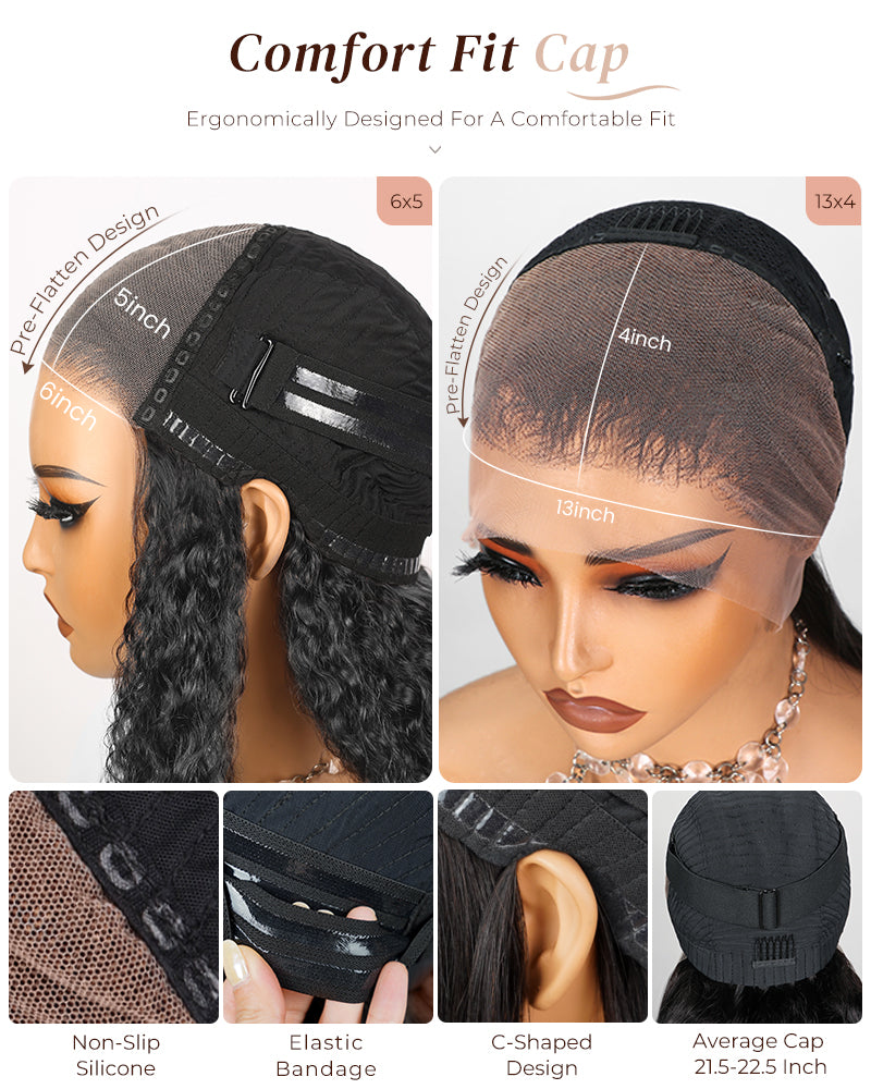 Arabella 6x5 Invisible Knots Glueless &amp; 13x4 Frontal Lace Deep Wave Wig Pre-cut Lace Natural Black Beginner Friendly