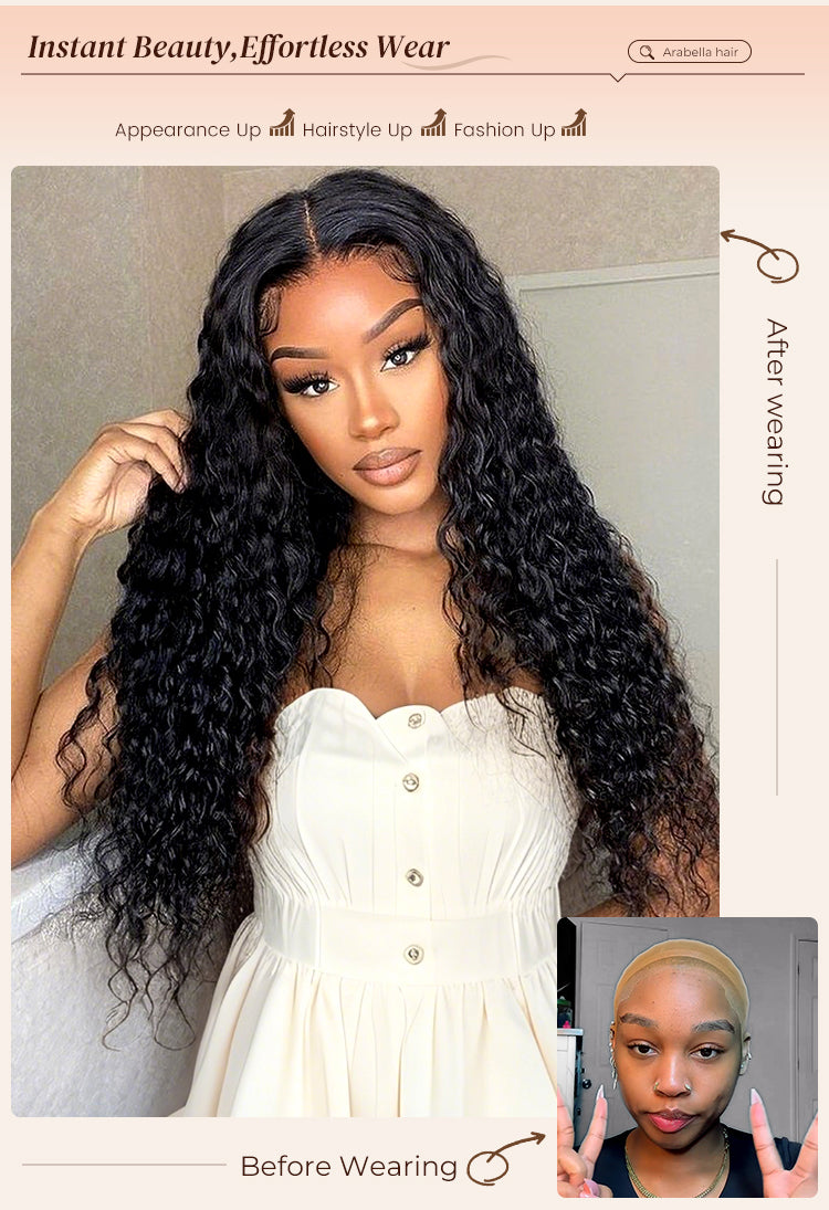 Before and After Model Wearing Soft Deep Wave Human Wig