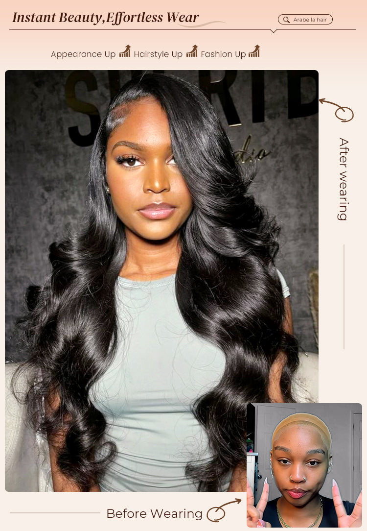 Before and After Wearing Body Wave Wig on Model