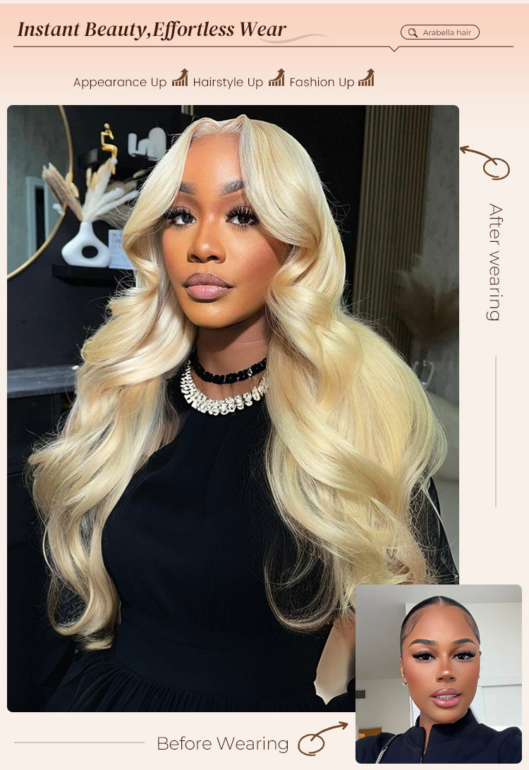 Before and After Wearing Blonde Body Wave Wig on Woman