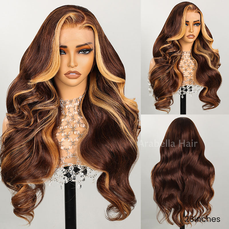Arabella 13x4 Frontal Lace Brown Highlight Loose Body Wave Wig Invisible Knots Realistic Hairline