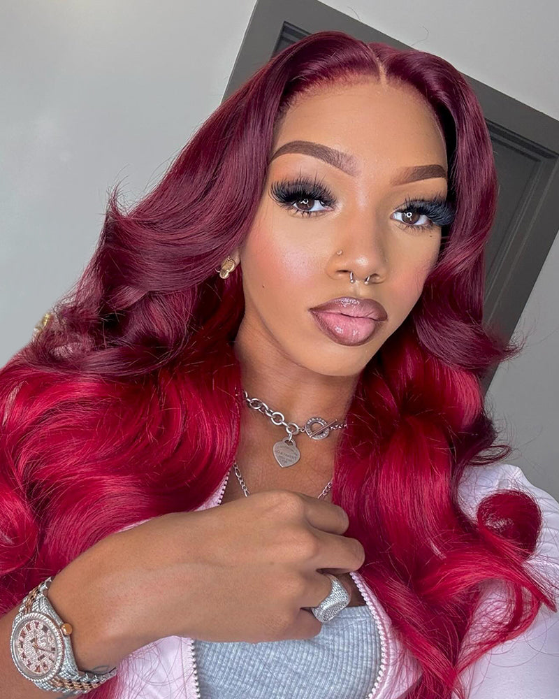 Arabella 13x4 Frontal Lace Cherry Red Ombre 99J39J Colored Wig Loose Body Wave Wig Invisible Knots Realistic Hairline