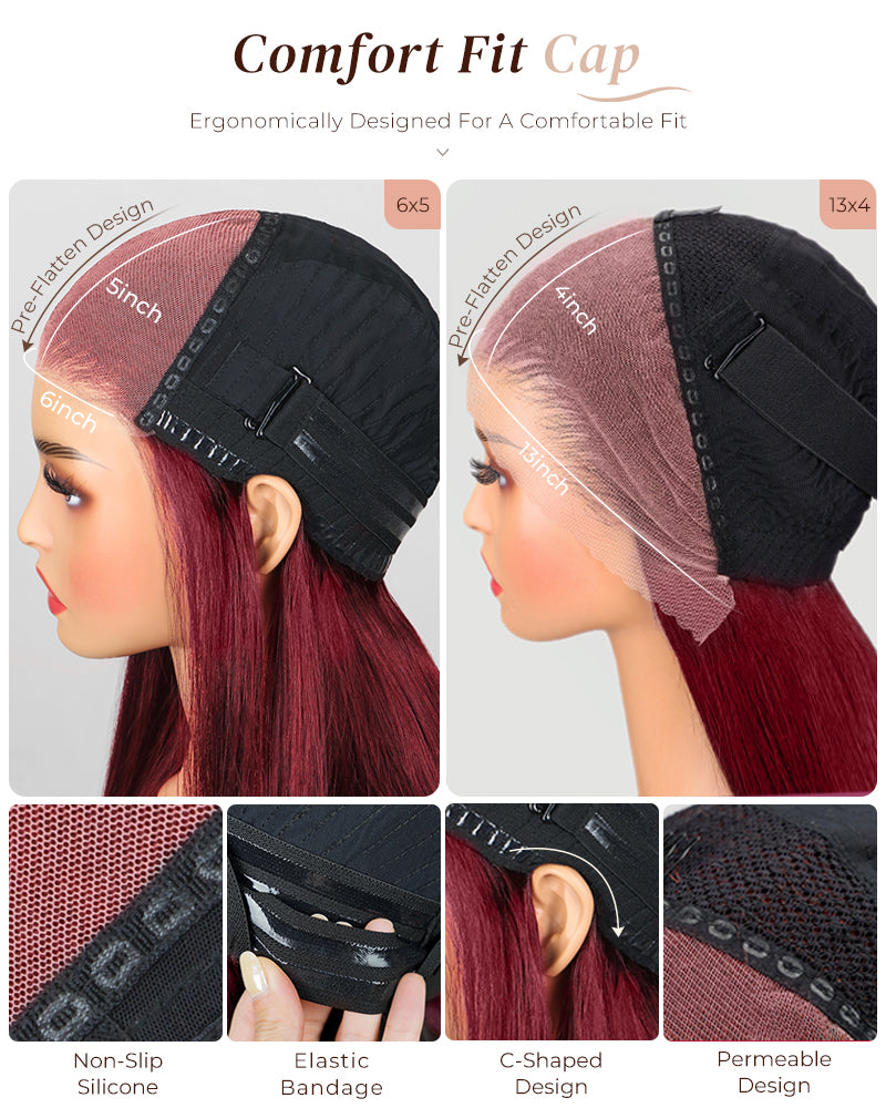 Arabella 6x5/13x4 Lace Glueless Burgundy 99J Straight Wig Pre-cut Lace Beginner Friendly