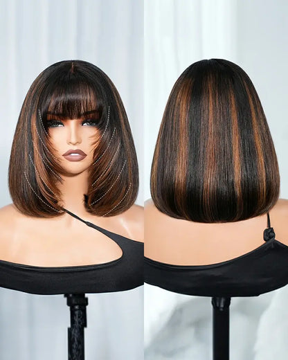 Arabella 6x6 Lace Straight Bob Wig Invisible Knots Natural Black with Bangs Glueless Beginner Friendly