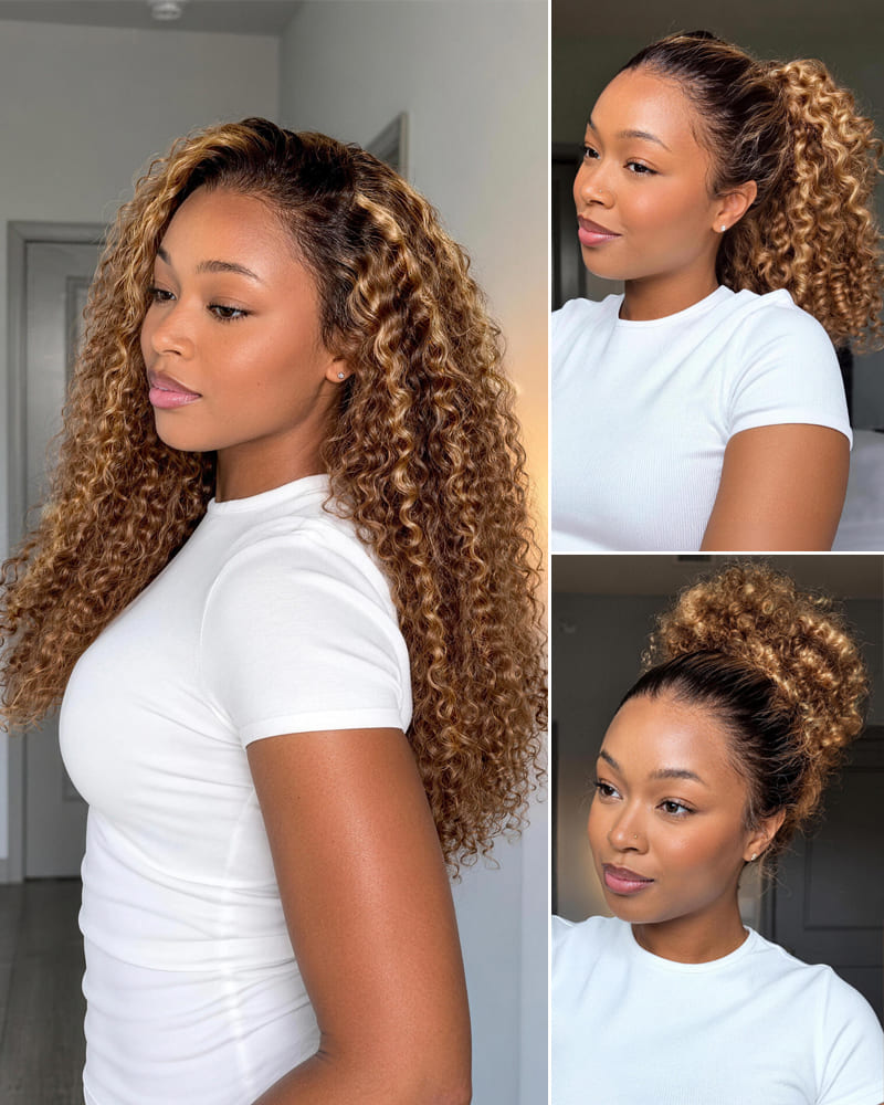 Arabella 13x6 Three-Go™ Ombre Highlight Honey Blonde Glueless Wig Jerry Curly with Burmese Curly With Drawstring 100% Human Hair Wig