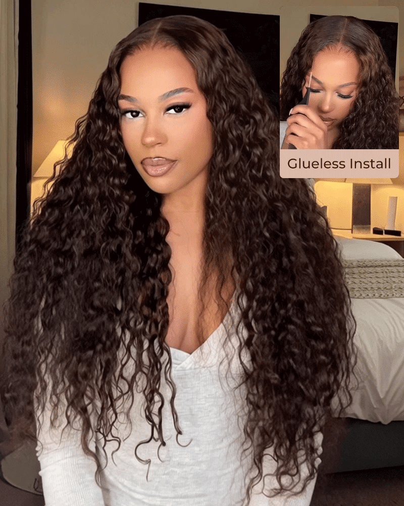 Arabella 13x6 Three-Go™ chocolate brown glueless wig water wave/burmese curly human hair wig