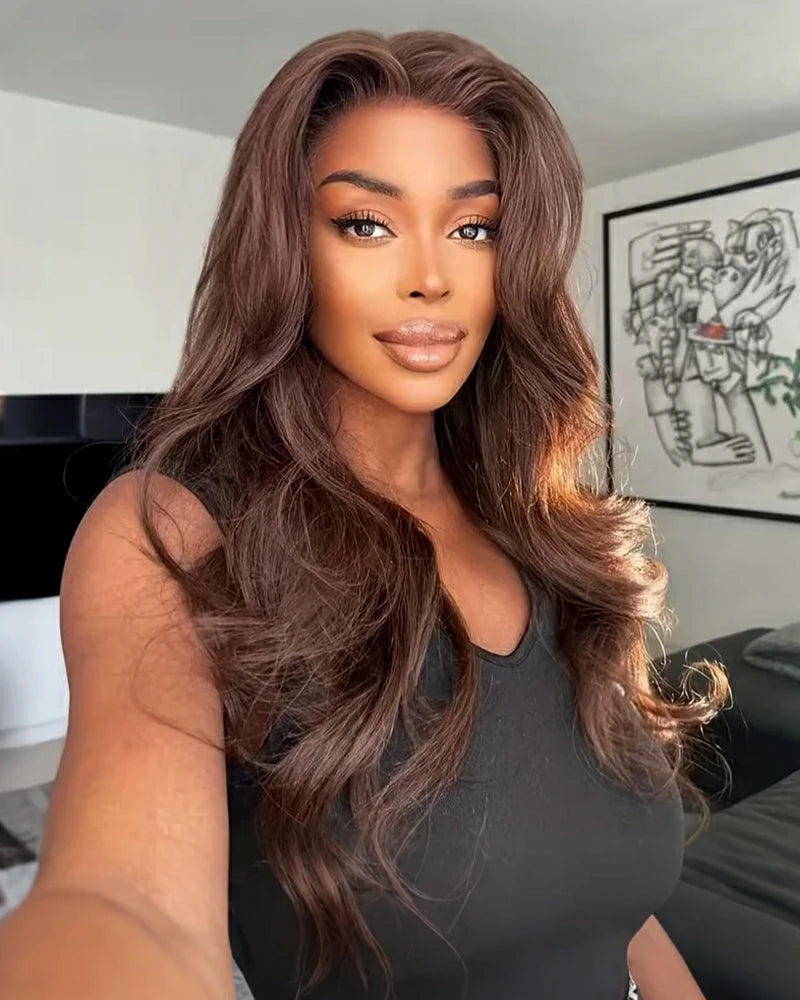 Arabella chocolate brown body wave lace front human hair wig on model