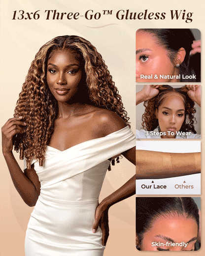 Arabella 13x6 Three-Go™ Ombre Highlight Honey Blonde Glueless Wig Jerry Curly with Burmese Curly With Drawstring 100% Human Hair Wig