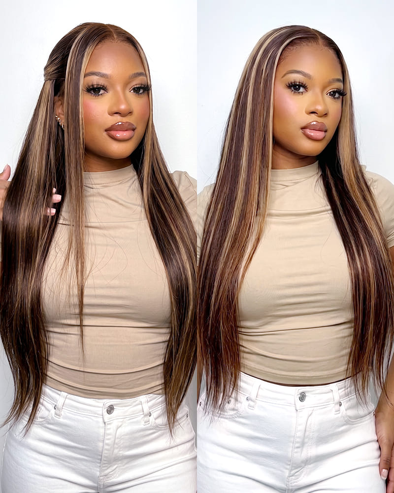 Arabella 13x6 Three-Go™ Glueless Wig Silky Straight With Drawstring Honey Blonde Highlight on Brown Wig 100% Human Hair Wig