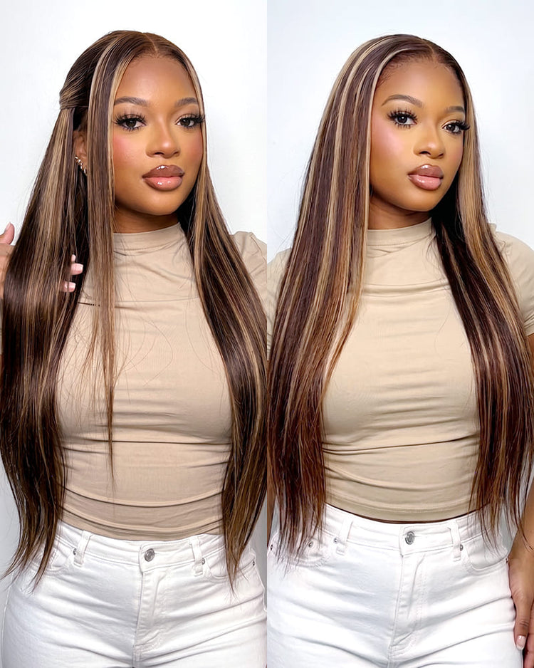 Arabella 13x6 Three-Go™ Glueless Wig Silky Straight With Drawstring Honey Blonde Highlight on Brown Wig 100% Human Hair Wig