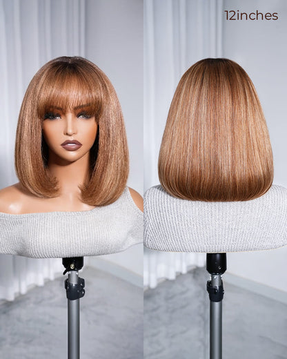 Arabella 6x6 Lace Straight Bob Wig Ombre Highlight Honey Blonde with Bangs Glueless Beginner Friendly