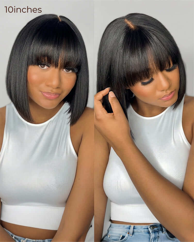 Arabella 6x6 Lace Straight Bob Wig Invisible Knots Natural Black with Bangs Glueless Beginner Friendly