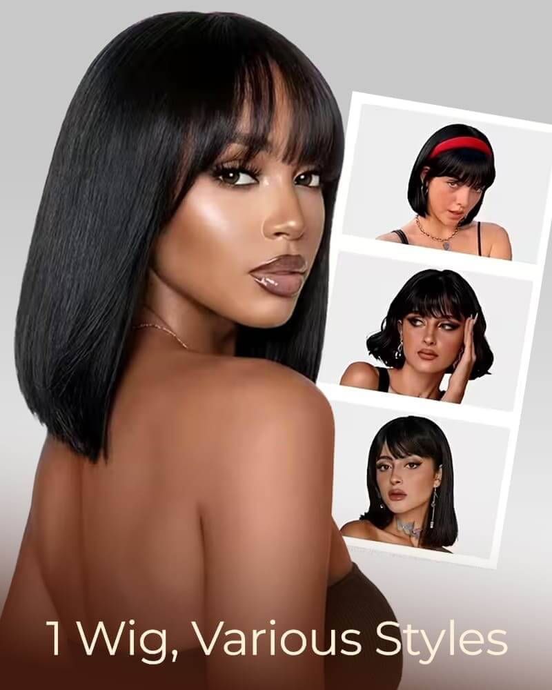 Arabella 6x6 Lace Straight Bob Wig Invisible Knots Natural Black with Bangs Glueless Beginner Friendly