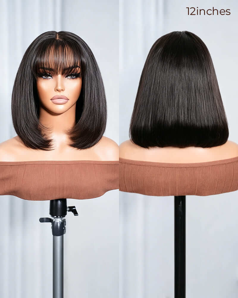 Arabella 6x6 Lace Straight Bob Wig Invisible Knots Natural Black with Bangs Glueless Beginner Friendly