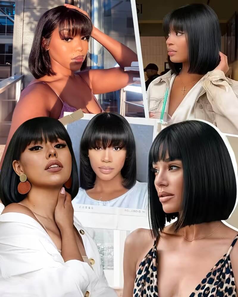 Arabella 6x6 Lace Straight Bob Wig Invisible Knots Natural Black with Bangs Glueless Beginner Friendly