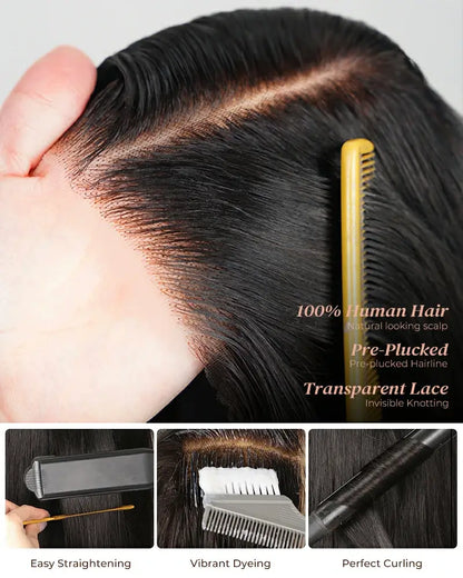 Arabella 6x6 Lace Straight Bob Wig Invisible Knots Natural Black with Bangs Glueless Beginner Friendly