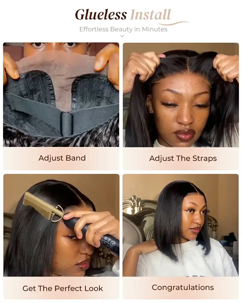 Arabella 6x6 Lace Straight Bob Wig Invisible Knots Natural Black with Bangs Glueless Beginner Friendly