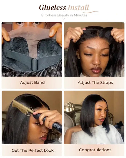 Arabella 6x6 Lace Straight Bob Wig Invisible Knots Natural Black with Bangs Glueless Beginner Friendly