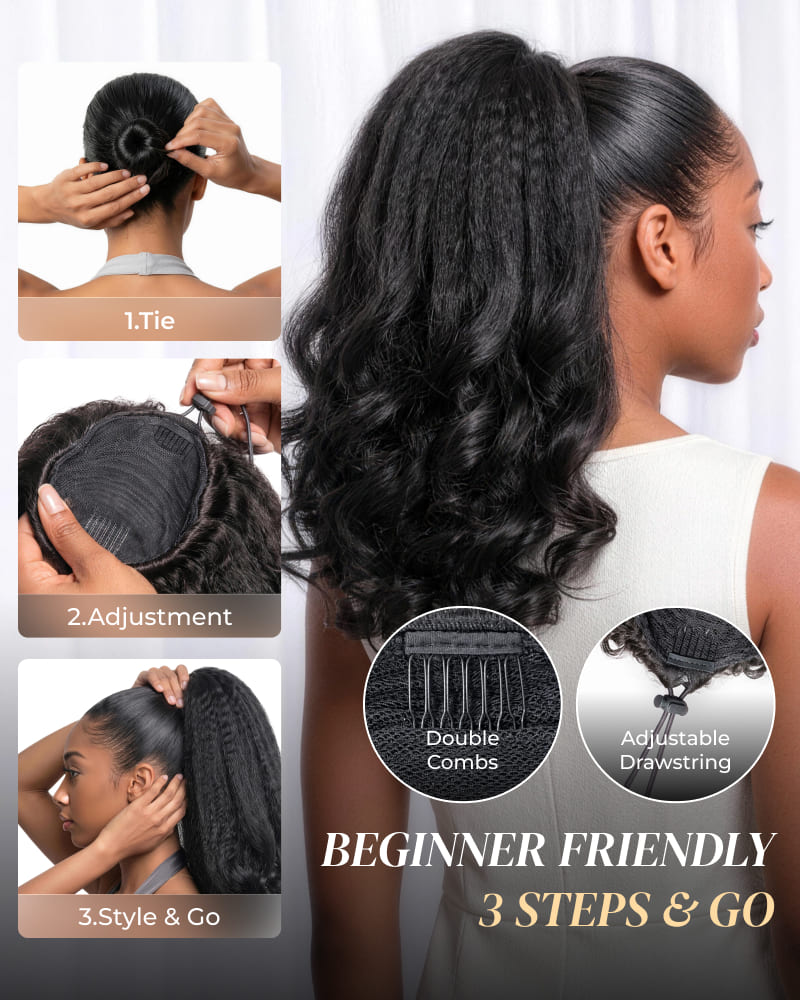 Arabella Yaki Straight Ponytail with Burmese Curly Natural Black Hair Extensions Instant Volume 100% Human Hair