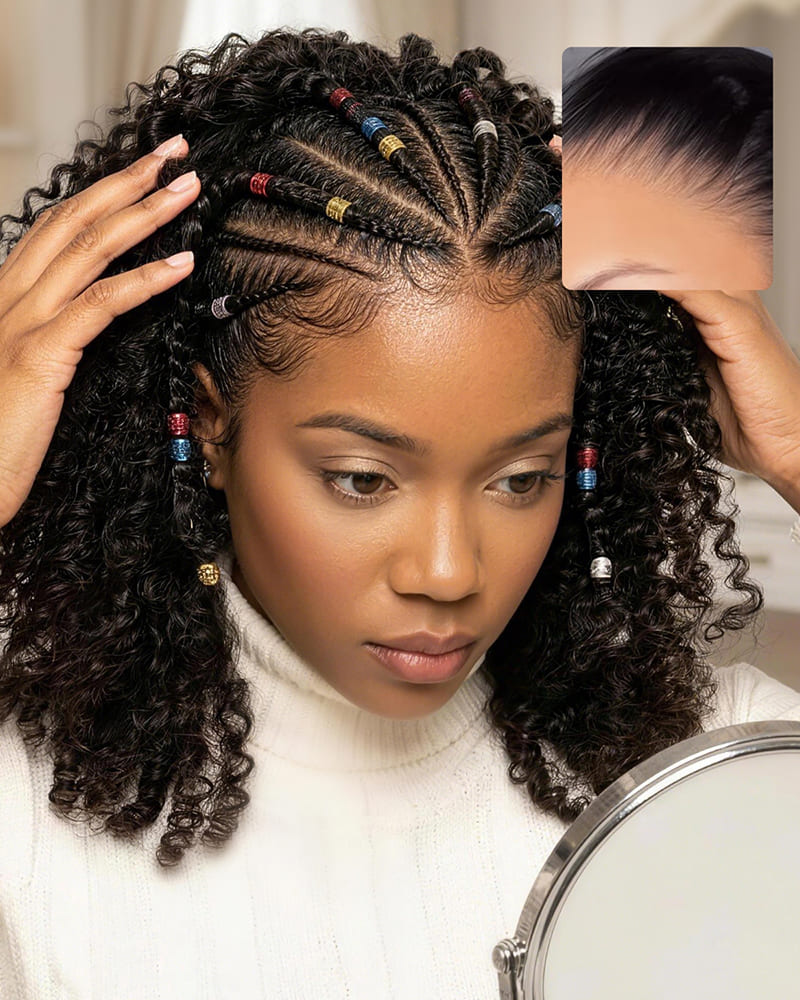 Arabella Boho Cornrow Braids 13x5 Lace Frontal Jerry Curly Bob Wig With Pre-Cut Lace Invisible Knots Natural Black Virgin Hair Wig