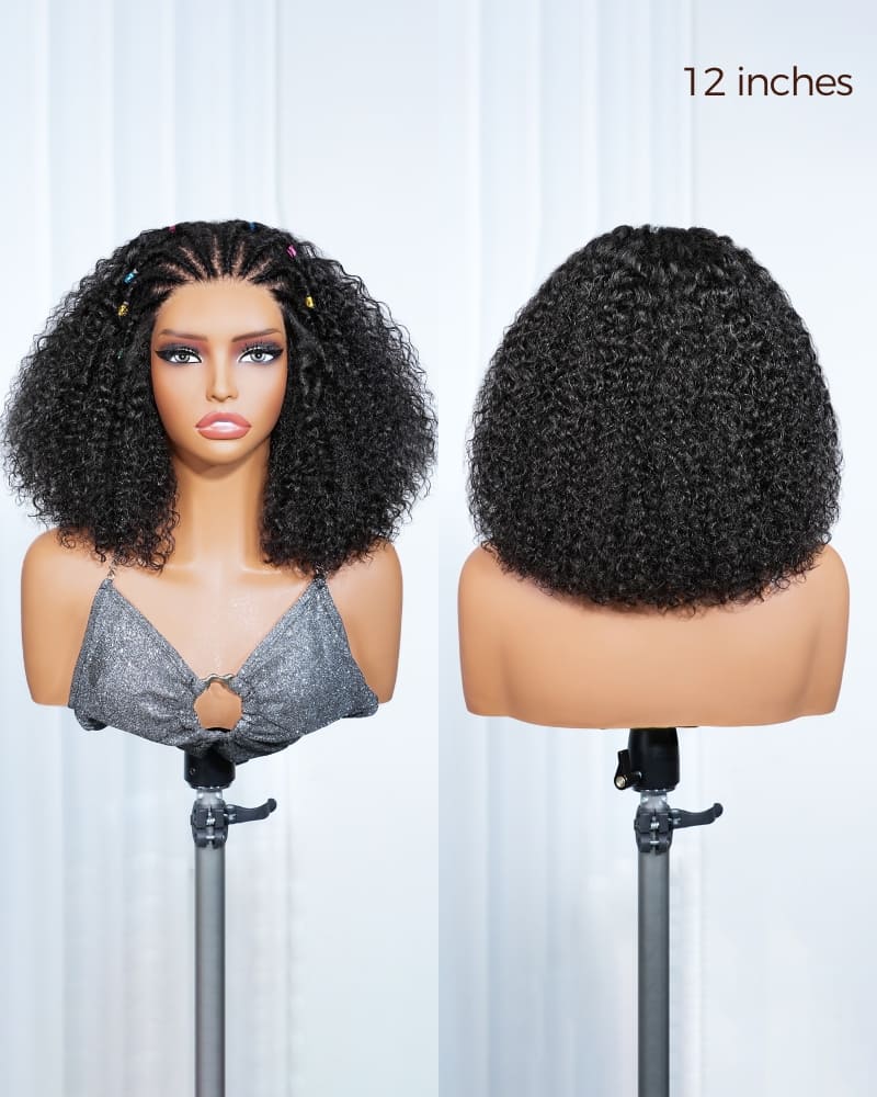 Arabella Boho Cornrow Braids 13x5 Lace Frontal Jerry Curly Bob Wig With Pre-Cut Lace Invisible Knots Natural Black Virgin Hair Wig