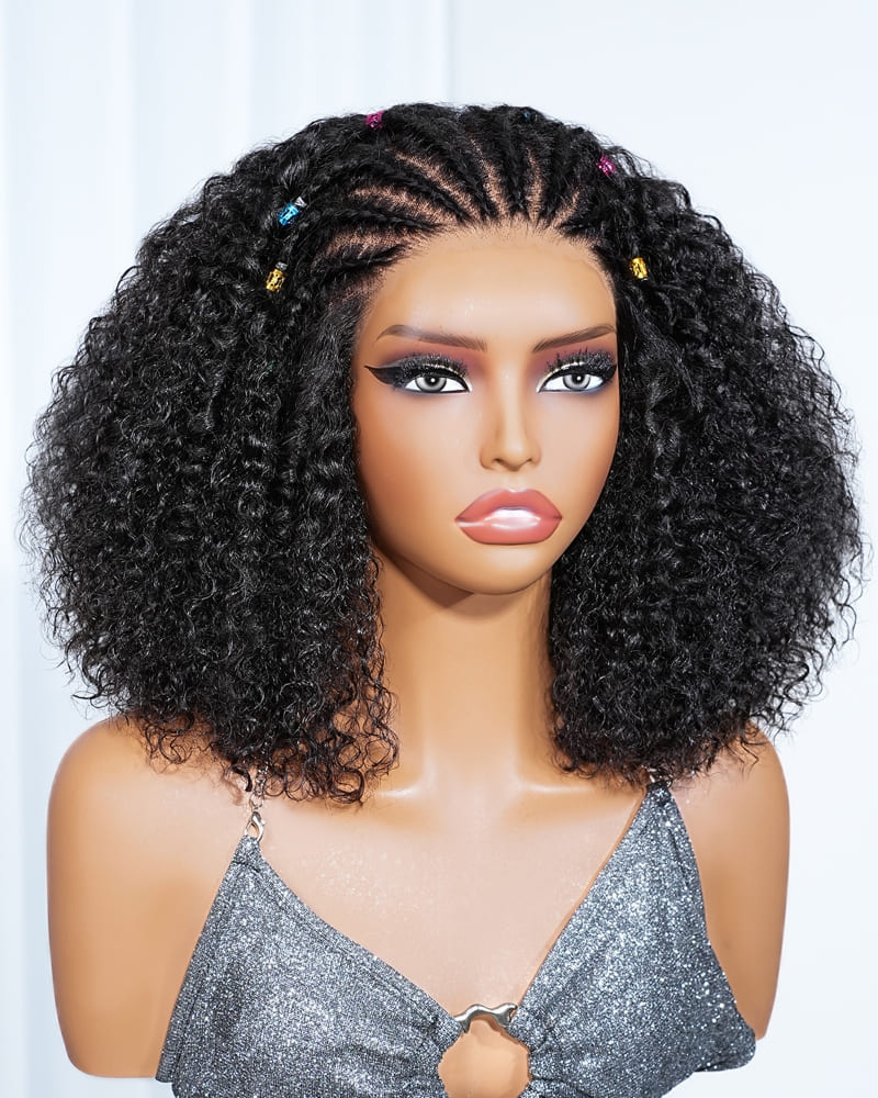 Arabella Boho Cornrow Braids 13x5 Lace Frontal Jerry Curly Bob Wig With Pre-Cut Lace Invisible Knots Natural Black Virgin Hair Wig